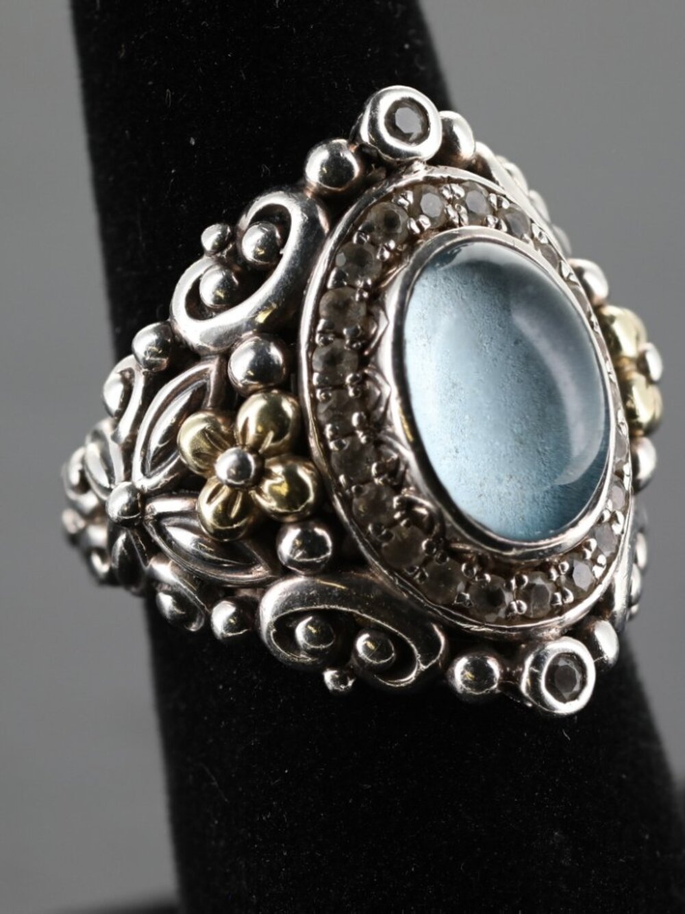 Barbara Bixby 925 Silver & 18K accents Shangri-La Blue & White Topaz Ring Size 6
